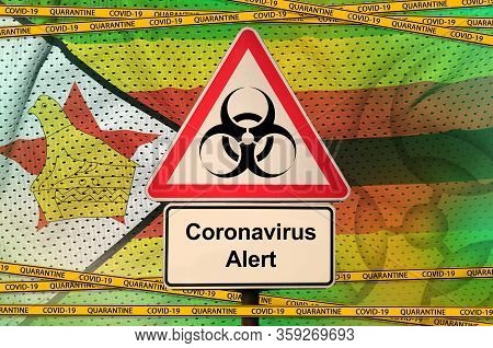 Zimbabwe Flag And Covid-19 Biohazard Symbol With Quarantine Orange Tape. Coronavirus Or 2019-ncov Vi