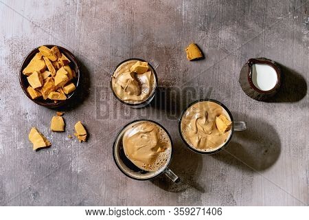 Dalgona Frothy Coffee Trend Korean Drink Latte Espresso With Coffee Foam In Three Different Glass Cu
