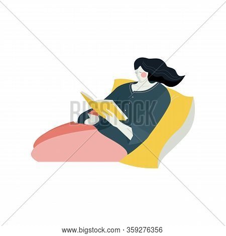 Young Woman Lies On Yellow Pillow With Book Rest At Home, Distance Studying And Self Education Books