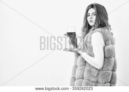 Lady Fashion Model Curly Hairstyle Likes Expensive Luxury Wine. Hedonism Concept. Reasons To Drink R