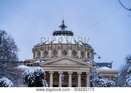 Detail View Over The Romanian Athenaeum Or Ateneul Roman, In The Center Of Bucharest Capital Of Roma
