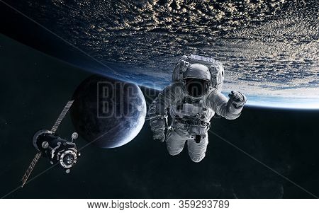 Astronaut, Iss In Low Earth Orbit. Moon. Solar System. Science Fiction. Elements Of This Image Furni