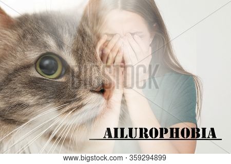 Woman Suffering From Ailurophobia On White Background. Irrational Fear Of Cats