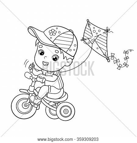 Coloring Page Outline Of cartoon boy riding a Bicycle with a kite. Coloring book for kids