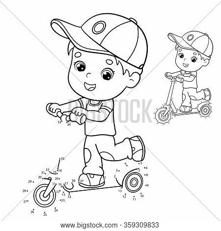 Puzzle Game for kids: numbers game. Coloring Page Outline Of cartoon boy on the scooter. Coloring book for children.