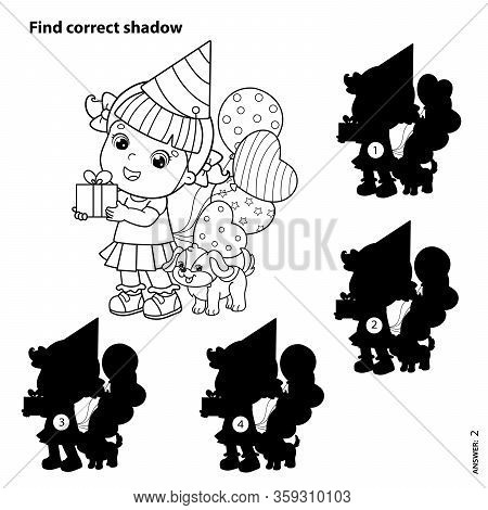 Puzzle Game for kids. Find correct shadow. Coloring Page Outline Of a cartoon girl with gift and balloons and with little dog. Birthday. Coloring book for children.