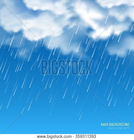 Dense White Sun Lighted Clouds Producing Pouring Rain Closeup Realistic Image Against Blue Sky Backg