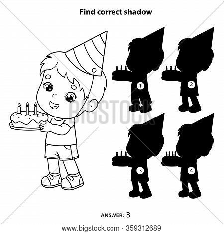 Coloring Page Outline Of a cartoon boy with a cake at the holiday. Birthday. Coloring book for kids