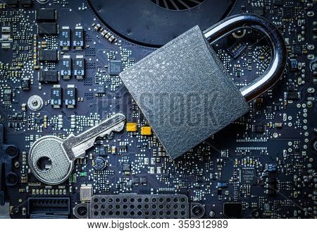 Hack Security Data Protection. Computer Internet Safe With Lock, Key On Microscheme Chip. Concept Im
