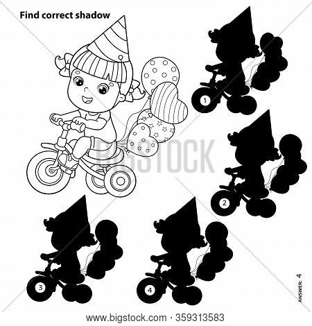 Puzzle Game for kids: numbers game. Coloring Page Outline Of a cartoon girl riding a Bicycle or bike with a balloons. Birthday. Coloring book for children.