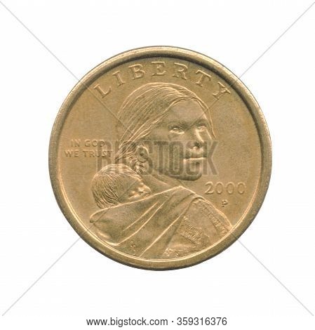 Sacagawea One Dollar Coin Of The United States Isolated On A White Background. Obverse
