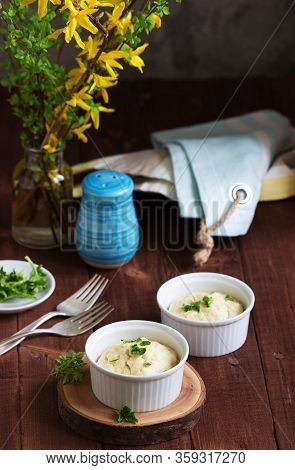 Dietary Souffle Of Minced Meat With Parsley On A Dark Background.