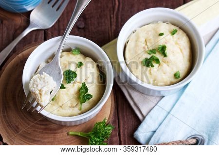 Dietary Souffle Of Minced Meat With Parsley On A Dark Background.