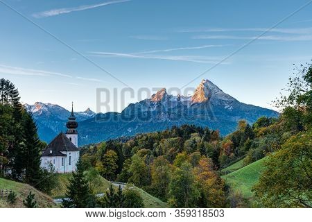 Nice Autumn Morning In Bavaria With  The Small Maria Gern Church And Mount Watzmann