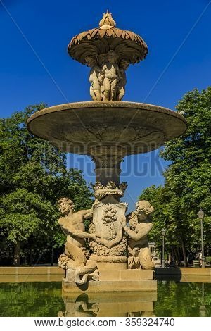 Close Up Details Of The Baroque Artichoke Fountain Or Fuente De La Alcachofa With Triton And Nereida