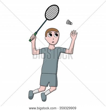 Professional Badminton Player Jumping And Hitting A Shuttlecock. White Background Isolated Stock Vec