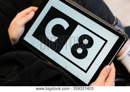 Bordeaux , Aquitaine / France - 02 21 2020 : C8 Television C 8 Logo Sign Screen Tablet French Channe