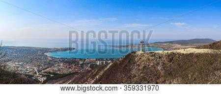 panoramic view of the resort city of Gelendzhik from the top of the mountains to the Bay and the architectural monument, the Orthodox cross. Black sea coast