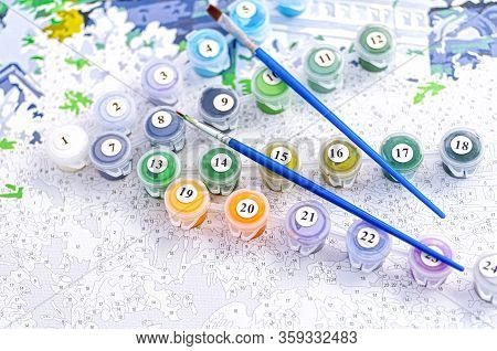 Painting By Numbers. Set To Paint The Picture, Includes A Canvas, Paints Of Different Colors, Brushe