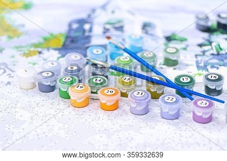 Painting By Numbers. Set To Paint The Picture, Includes A Canvas, Paints Of Different Colors, Brushe