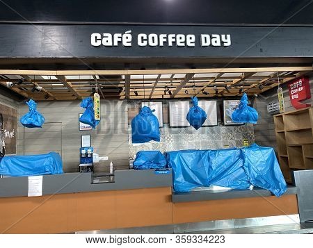 New Delhi, India - March 29, 2020: A Closed Cafe Coffee Day Restaurant Inside The Empty Del Indira G
