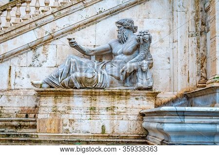 Rome, Italy. Marble Sculpture/ Monument/ Statue Of Nile River God With A Cornucopia, On The Palazzo 