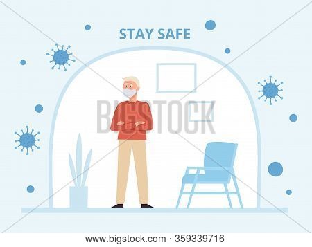 Old Man In Face Mask In Selfisolation From Coronavirus.