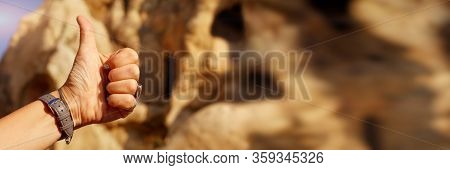 Women Thumb Up On The Background Of Pyramids Of Cappadocia. Happy Travel Concept Banner