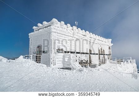 Post Office Called Postovna On Top Of Snezka Covered With Frost. The Peak Of The Snezka Mountain In 