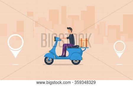 Motorcycle Express Service. Fast City Delivery On Scooter. Delivery Service Poster With Male Charact