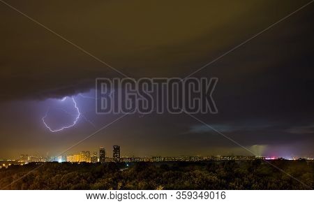 Summer Bolt Of Lightning Striking In Night Moscow City