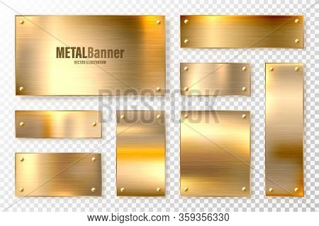 Realistic Shiny Metal Banners Set. Brushed Steel Plate. Polished Copper Metal Surface. Vector Illust