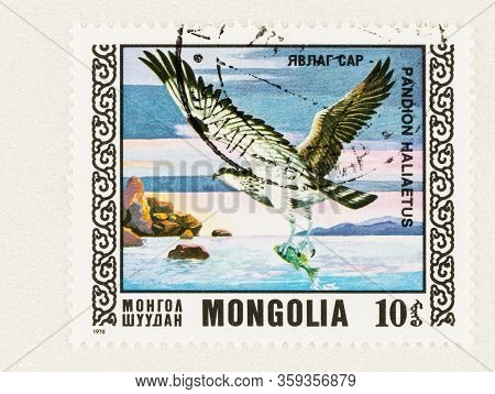 Seattle Washington - April 2, 2020: Close Up Of Stamp Featuring Osprey With Fish Commemorating Prote