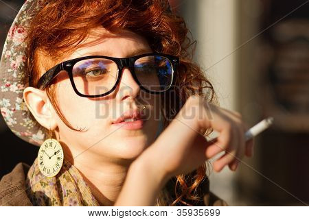 Hipster Girl Smoking Cigarette