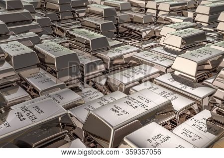 Nickel Ingots, Bars Background Closeup, 3d Rendering