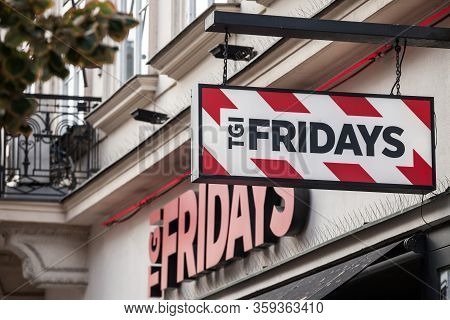 Prague, Czechia - November 1, 2019: Tgi Fridays Logo In Front Of Their Restaurant For Prague. Tgi Fr