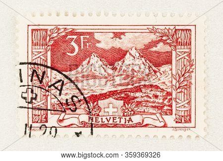 Seattle Washington - April 3, 2020: Close Up Of Swiss Postage Stamp  Featuring Grosser Mythen, A Mou