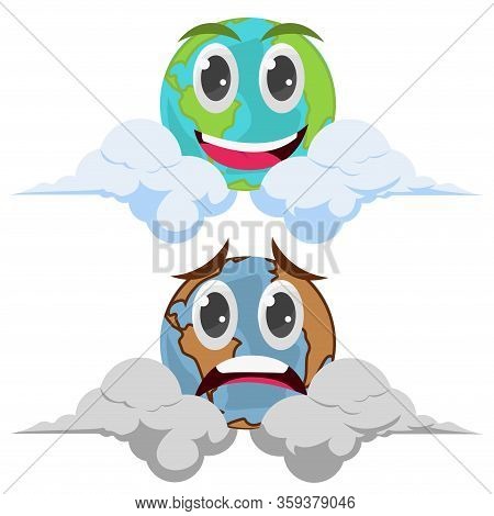 Two Planet Mascots Of Earth With Isolated Eyes On A White Background. Vector Illustration Of Stock. 