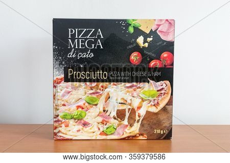 Pruszcz Gdanski, Poland - April 2, 2020: Pizza Mega Di Cato Prosciutto. Deep Frozen Pizza With Chees