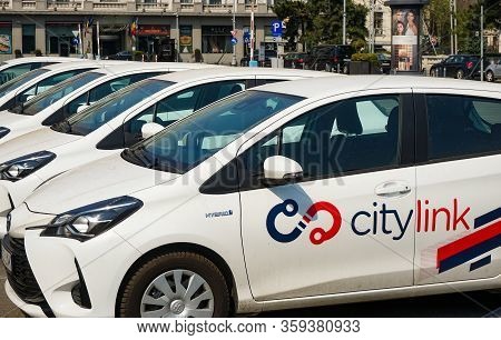 Bucharest, Romania - March 30, 2020: Several Toyota Yaris Hybrid Cars Belonging To The Romanian Rent