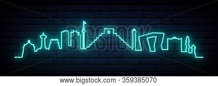Blue Neon Skyline Of Cancun City. Bright Cancun Long Banner. Vector Illustration.