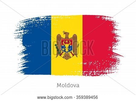 Moldova Official Flag In Shape Of Paintbrush Stroke. Moldovan National Identity Symbol. Grunge Brush