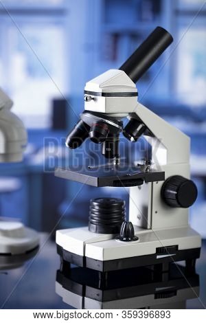 Science Concept. Modern Scientific Laboratory Interior. Reaserch Station With Microscopes On The Gla
