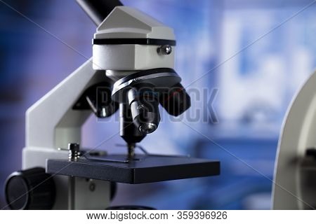 Science Concept. Modern Scientific Laboratory Interior. Reaserch Station With Microscopes On The Gla