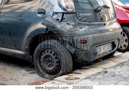 Palermo, Sicily - February 8, 2020: The Damaged Rear Part Of Citroen C1 Car Waiting To Be Fixed At A
