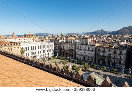 Palermo, Sicily - February 8, 2020: Wide Angle Shot Of The Town Square Below Palermo Cathedral With 