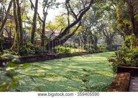 River Channel City Allapuzha, India, Kerala. Overgrown With Green Algae, In A Stone Embankment, A Na