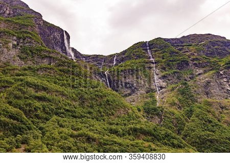 Kjelfossen Waterfalls Kjell Falls Seen From Gudvangen Village, Sogn Og Fjordane, Norway. Waterfall I