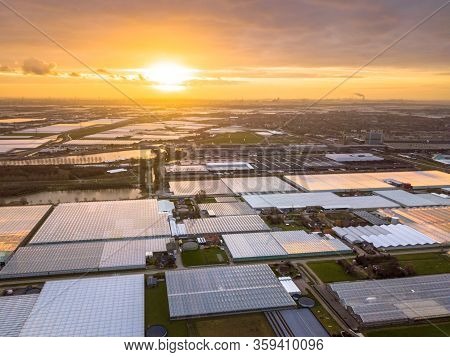 Aerial View Of Westland Or Glass City Greenhouse Horticulture Area In The Netherlands. One Of The Bi