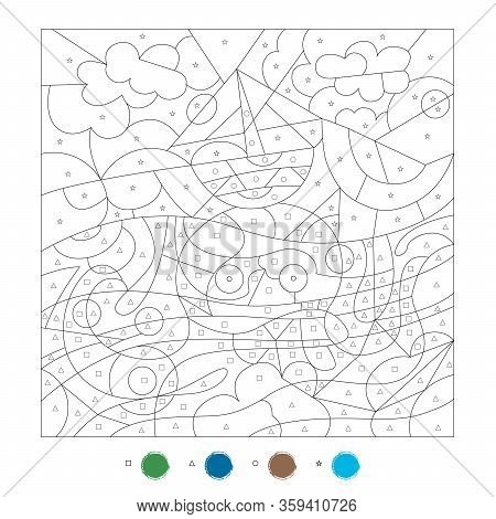 Coloring By Symbols. Educational Game For Children. Octopus And Ship.